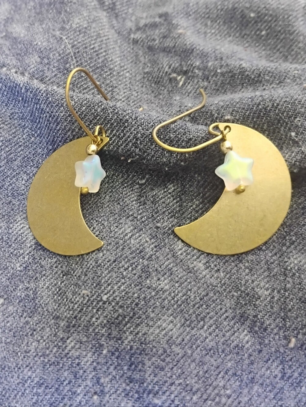 Large Crescent Moon and Iridescent Star Charm Earrings - Handmade